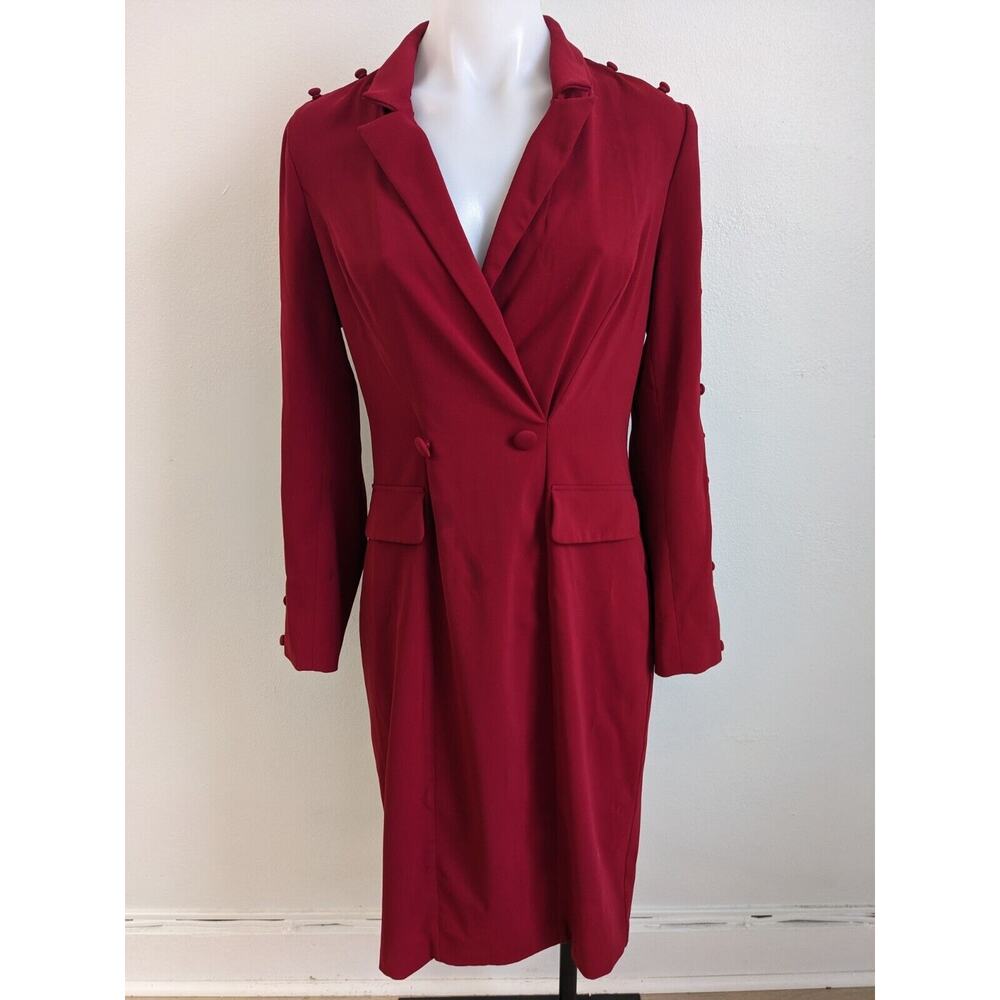 Badgley Mischka Size 4 Faux Wrap Blazer Sheath Dress Red V Neck Long Sleeves - Picture 4 of 16
